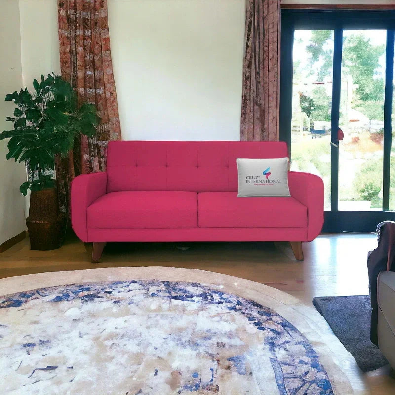 Modern pink sofa in bright living room, CRUZ INTERNATIONAL pillow, near window and plants